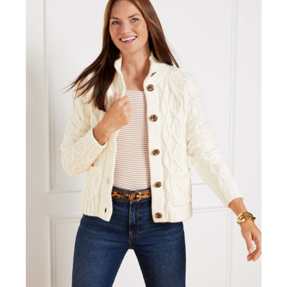 Talbots Chunky Cable Knit Mock Neck Cardigan Sweater Cozy Preppy Cottagecore NWT